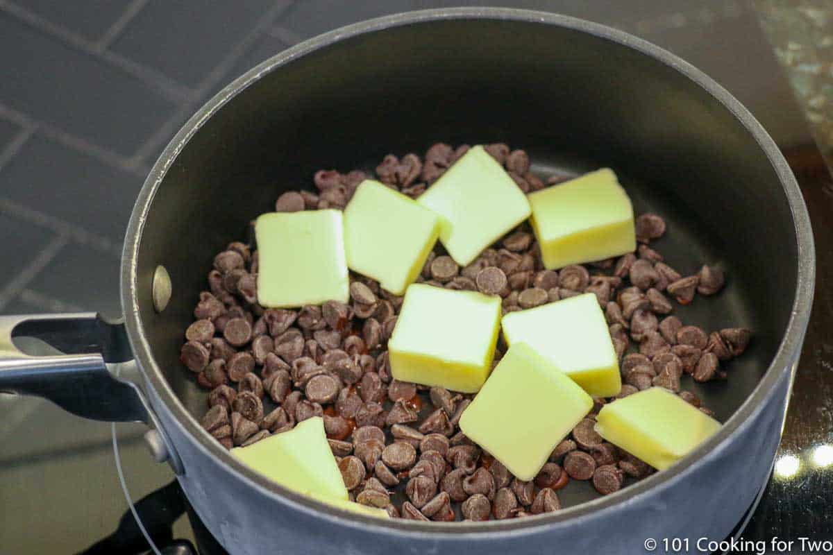 chocolate chips with butter in sauce pan
