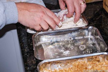 chicken breast in flour starting the coating