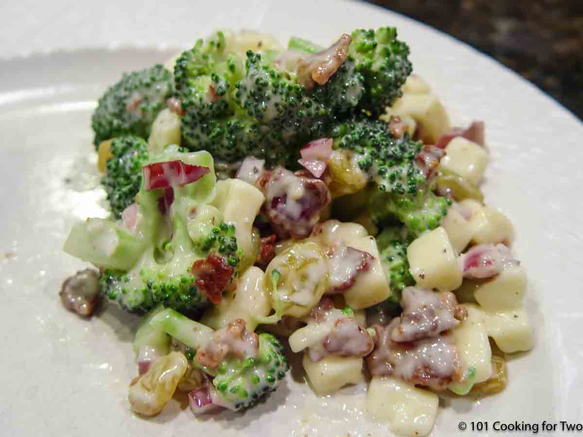 bacon broccoli salad on a plate.