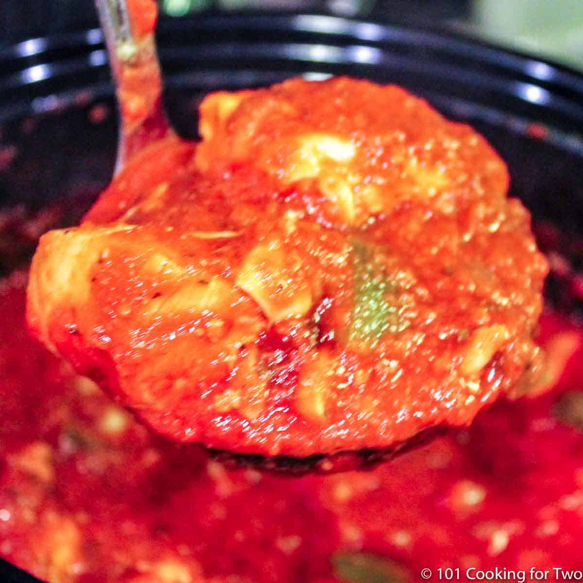 chicken cacciatore on a ladle.