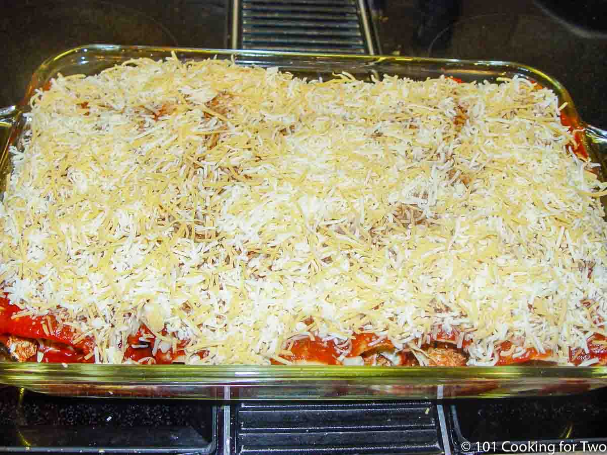 enchilada casserole ready for the oven.