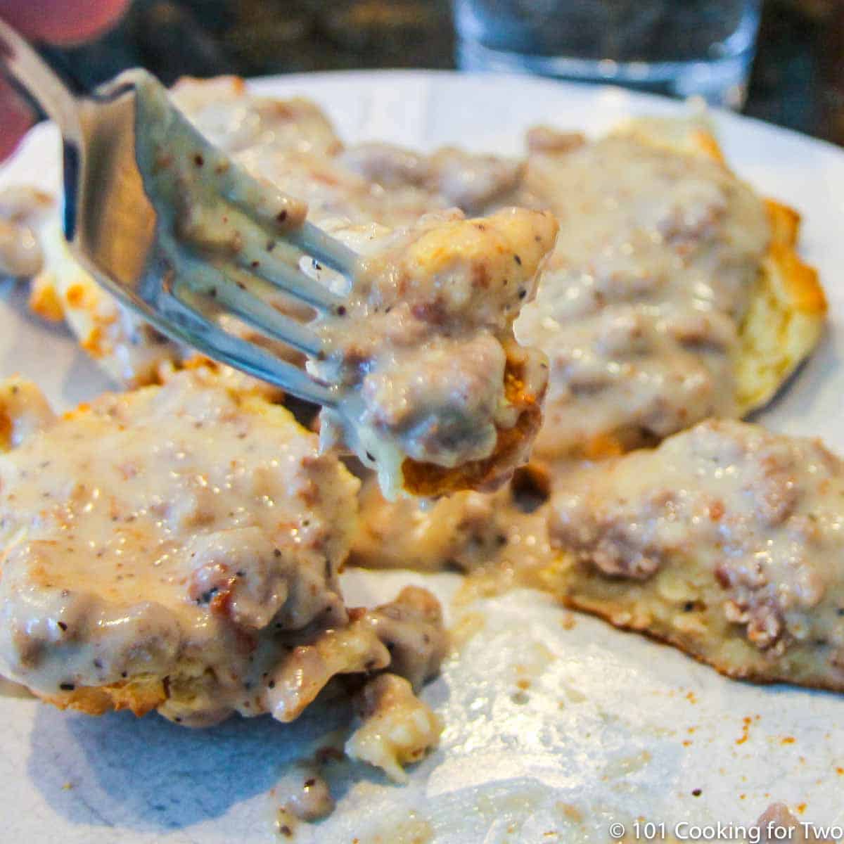 low-fat biscuits and gravy on a fork