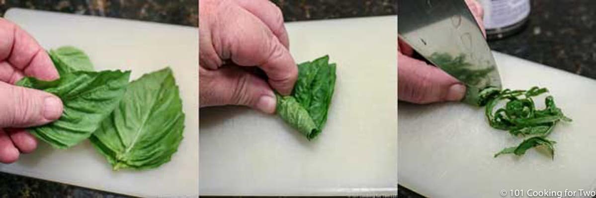three steps of cutting basel leaves into ribbons