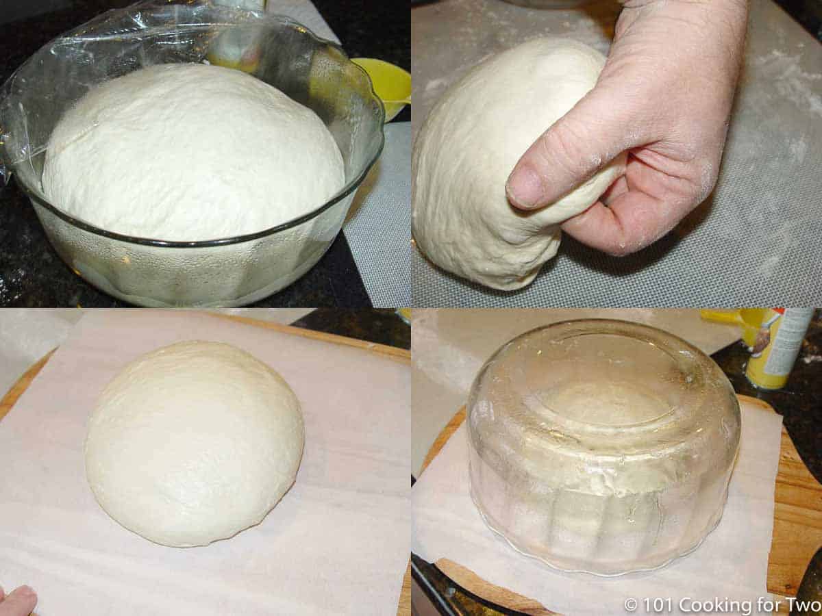 Collage 4 with the third kneading and starting last rise under a bowl