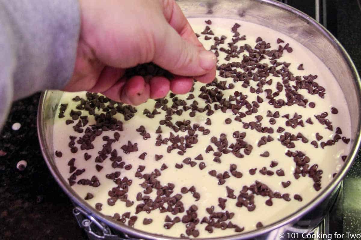 sprinkling the top of the batter with mini chocolate chips