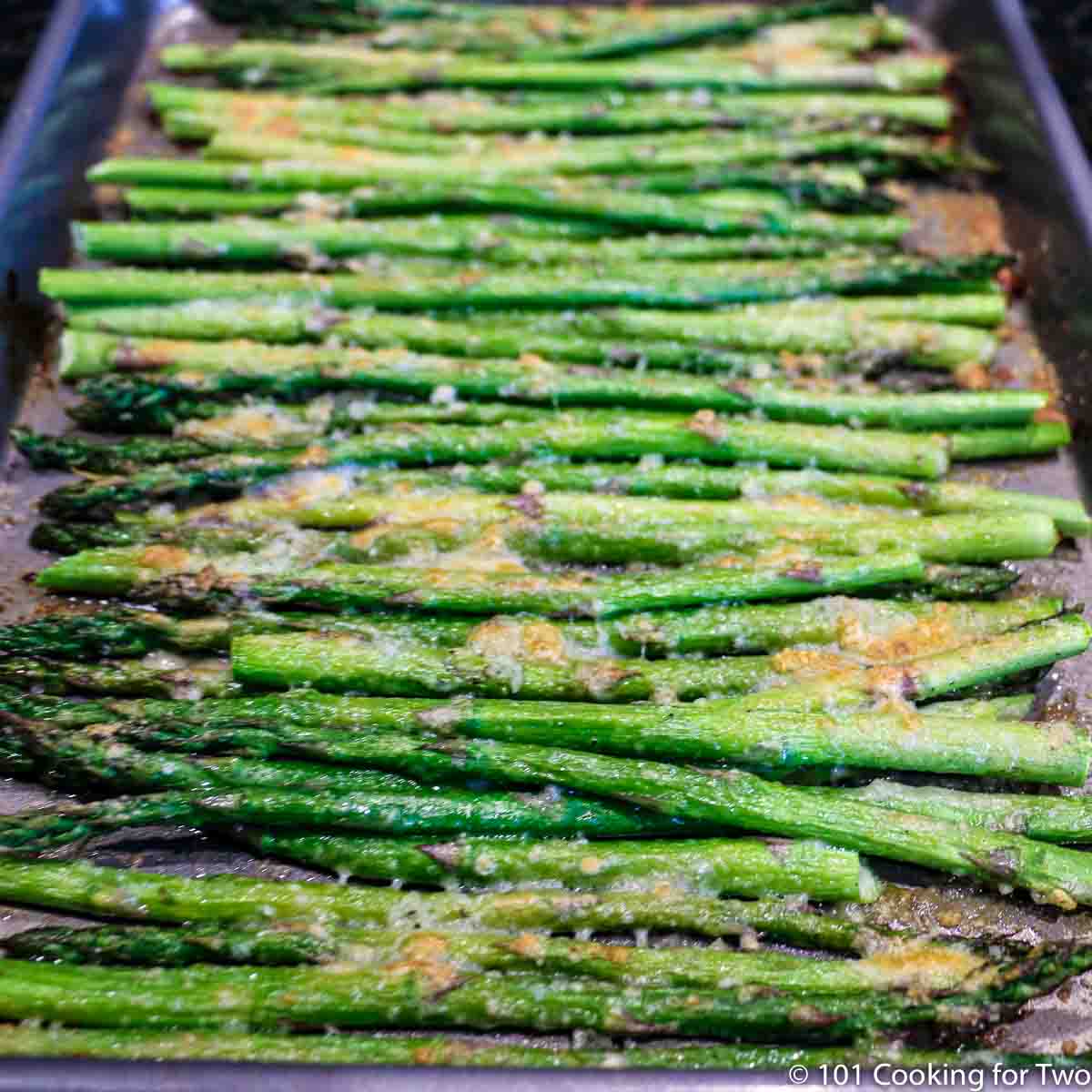Parmesan coated asparagus out of the oven on the tray.