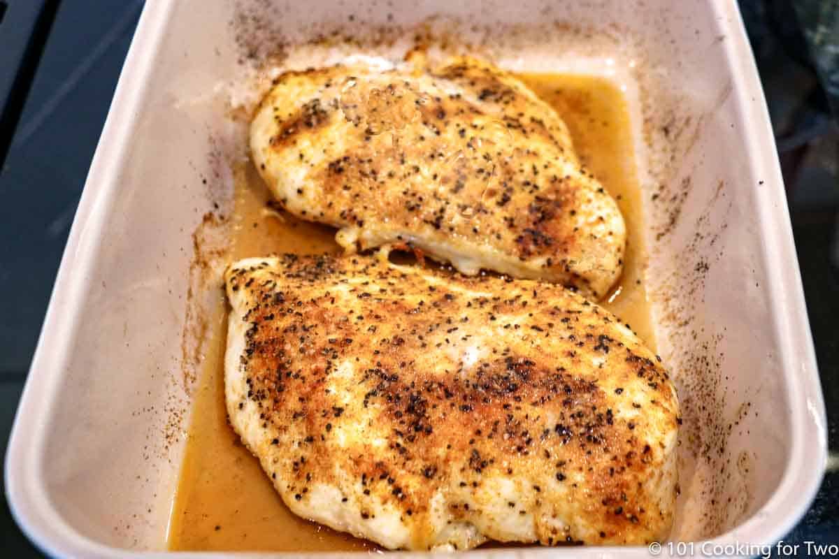 cooked chicken in a baking dish
