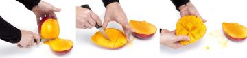 image of three steps to cut up a mango-Images licensed from Adobestock. May 16, 2018. Copyright ©RomainQuéré - stock.adobe.com. Modified per allow by licensed.