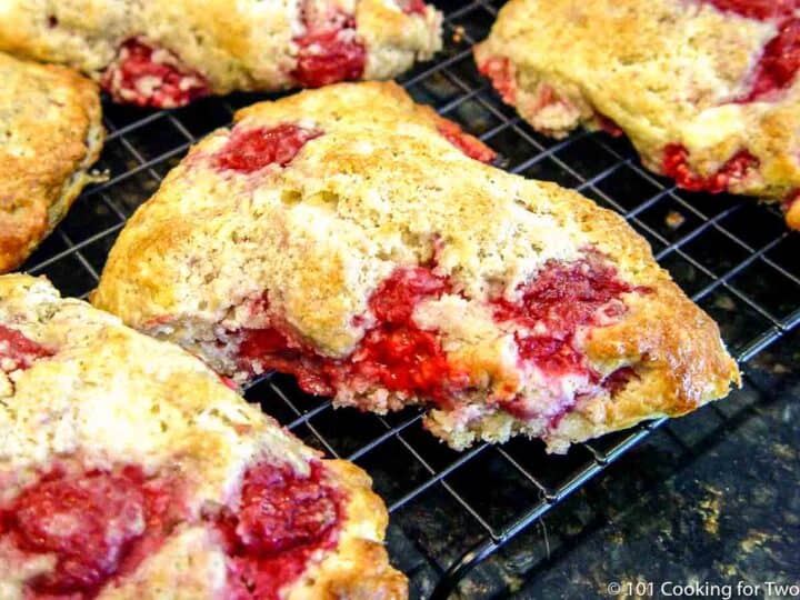 raspberry scones on a cooling rack