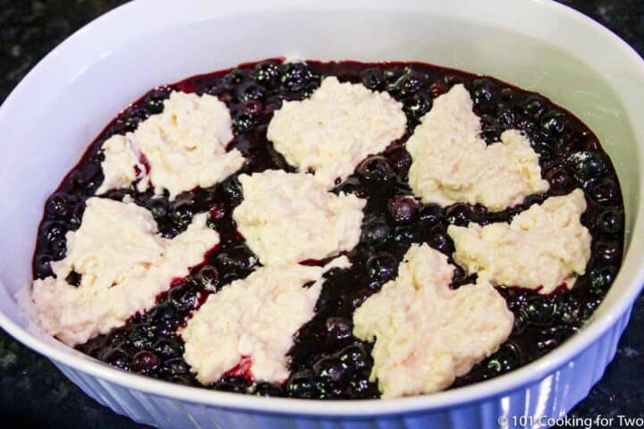 topping on the filling in baking dish.