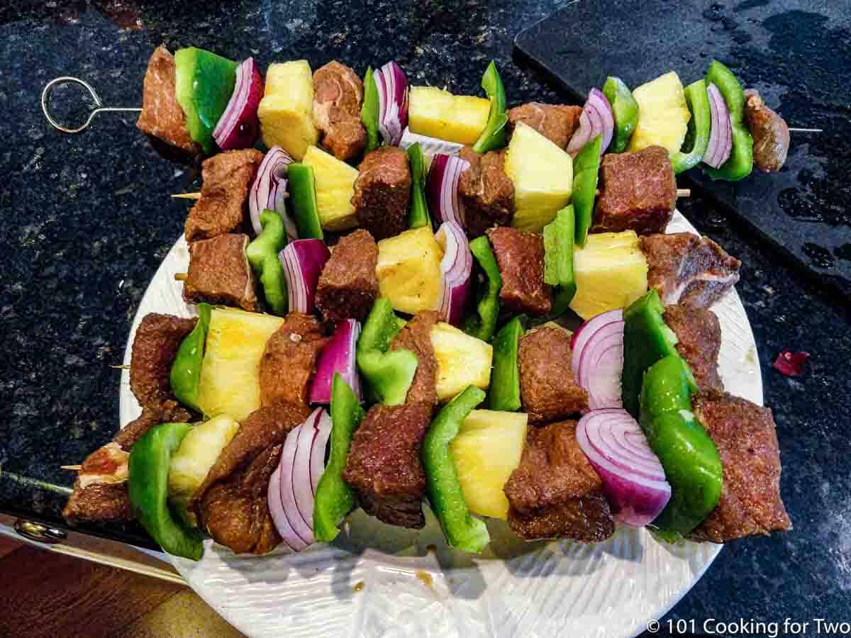 beef kabobs ready for the grill.