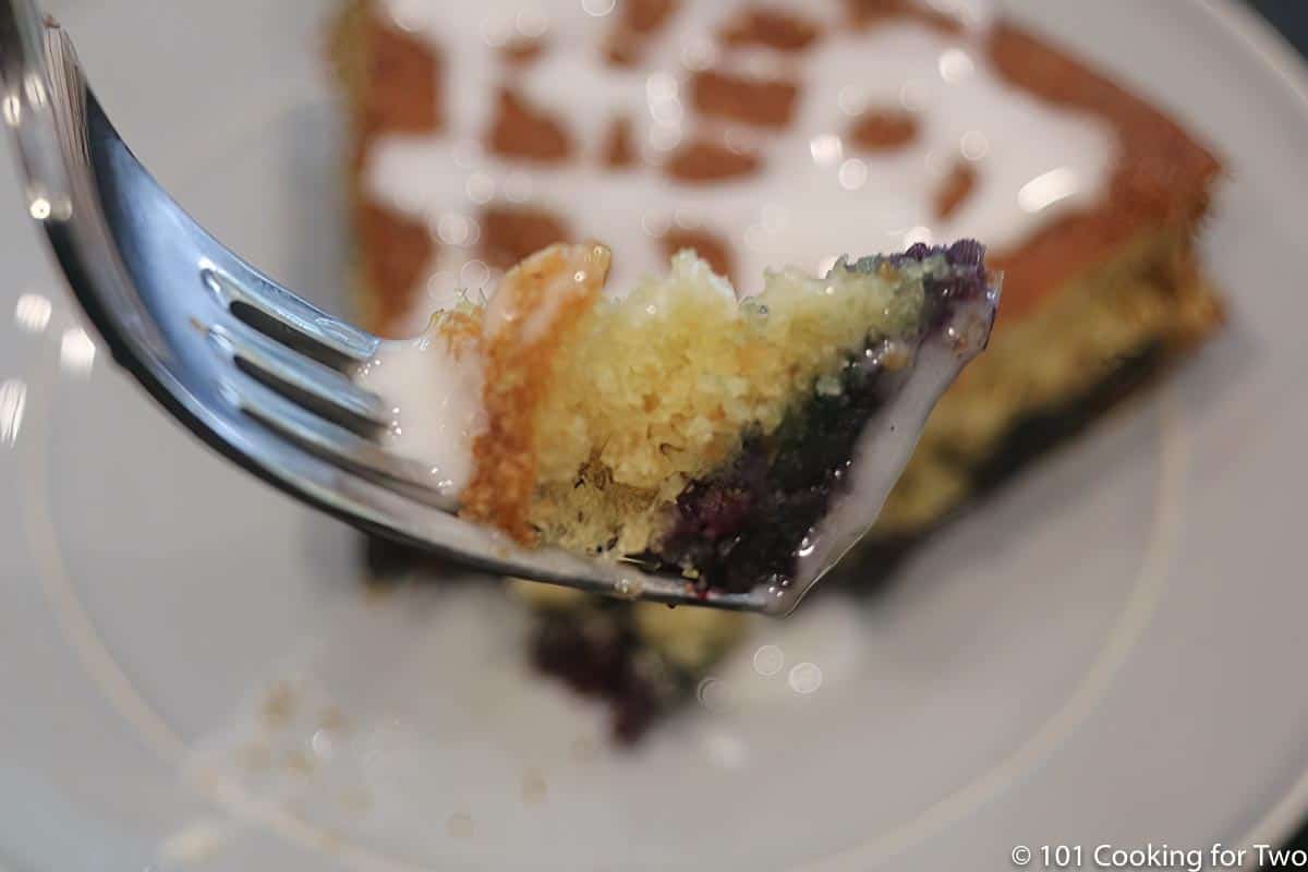 blueberry cake on a fork.