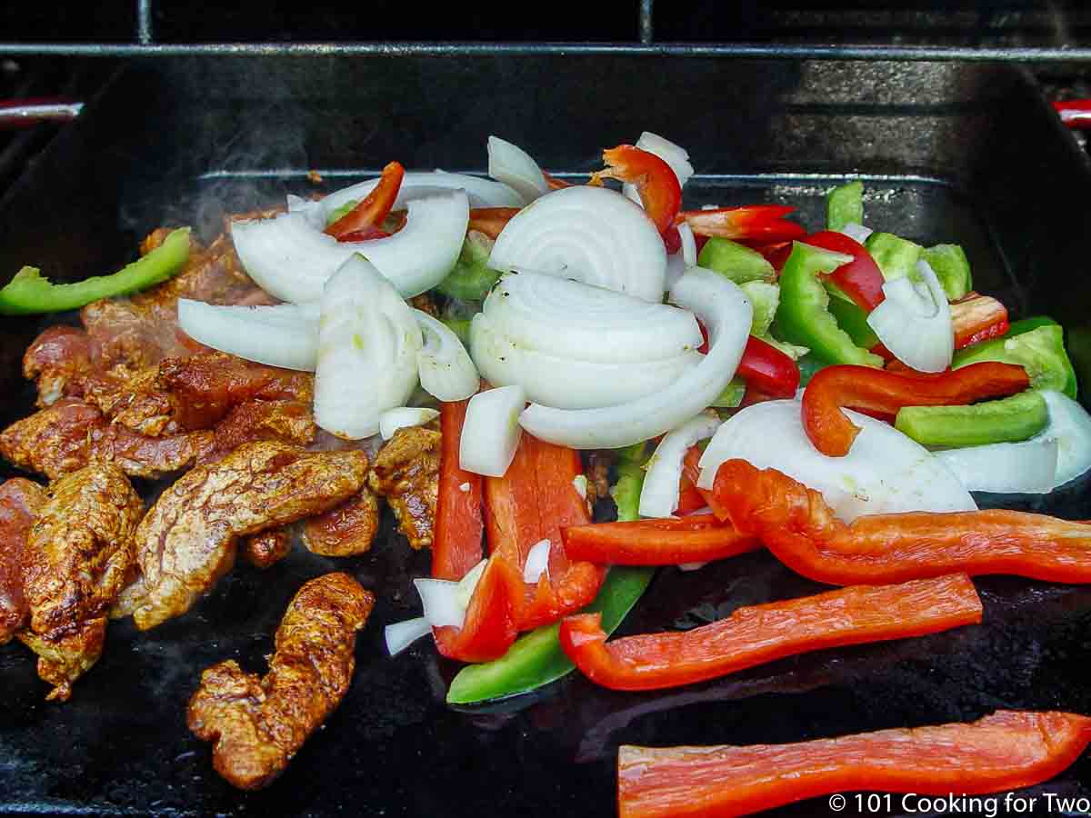 cooking meat and vegetables the grill griddle.