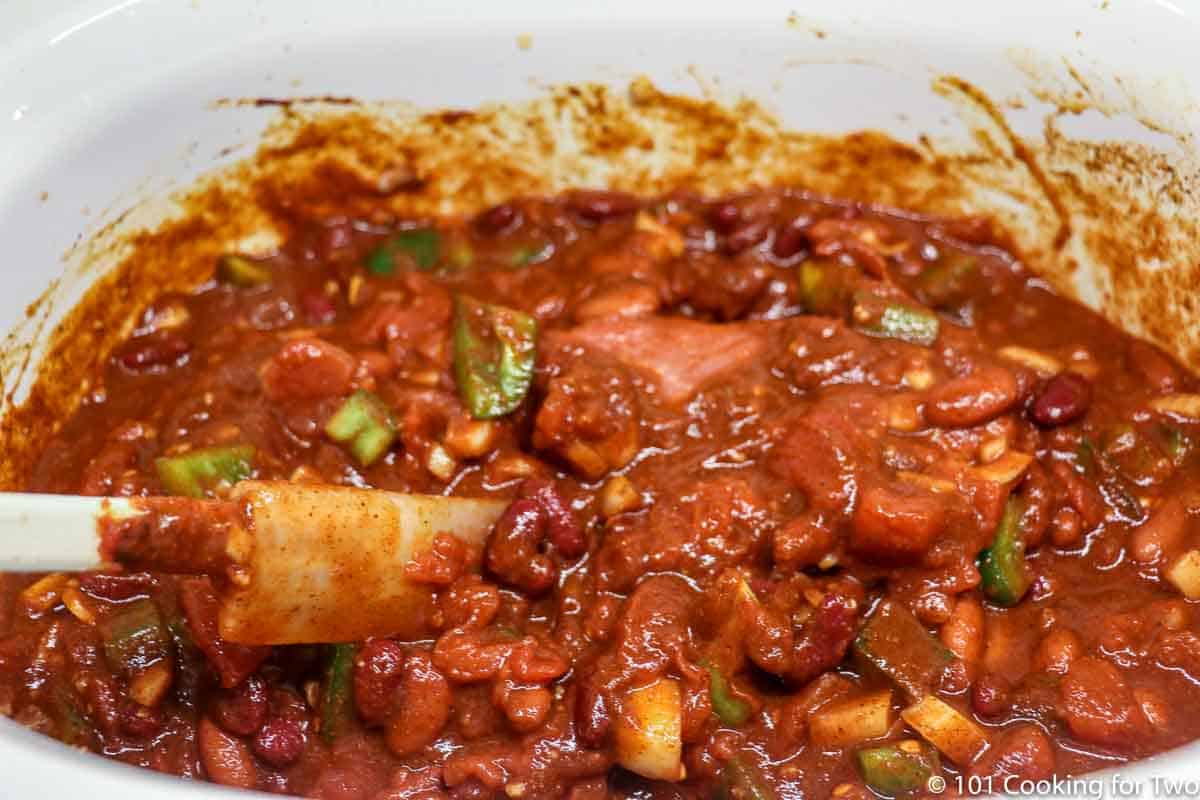 mixing ingredients in the crock pot.