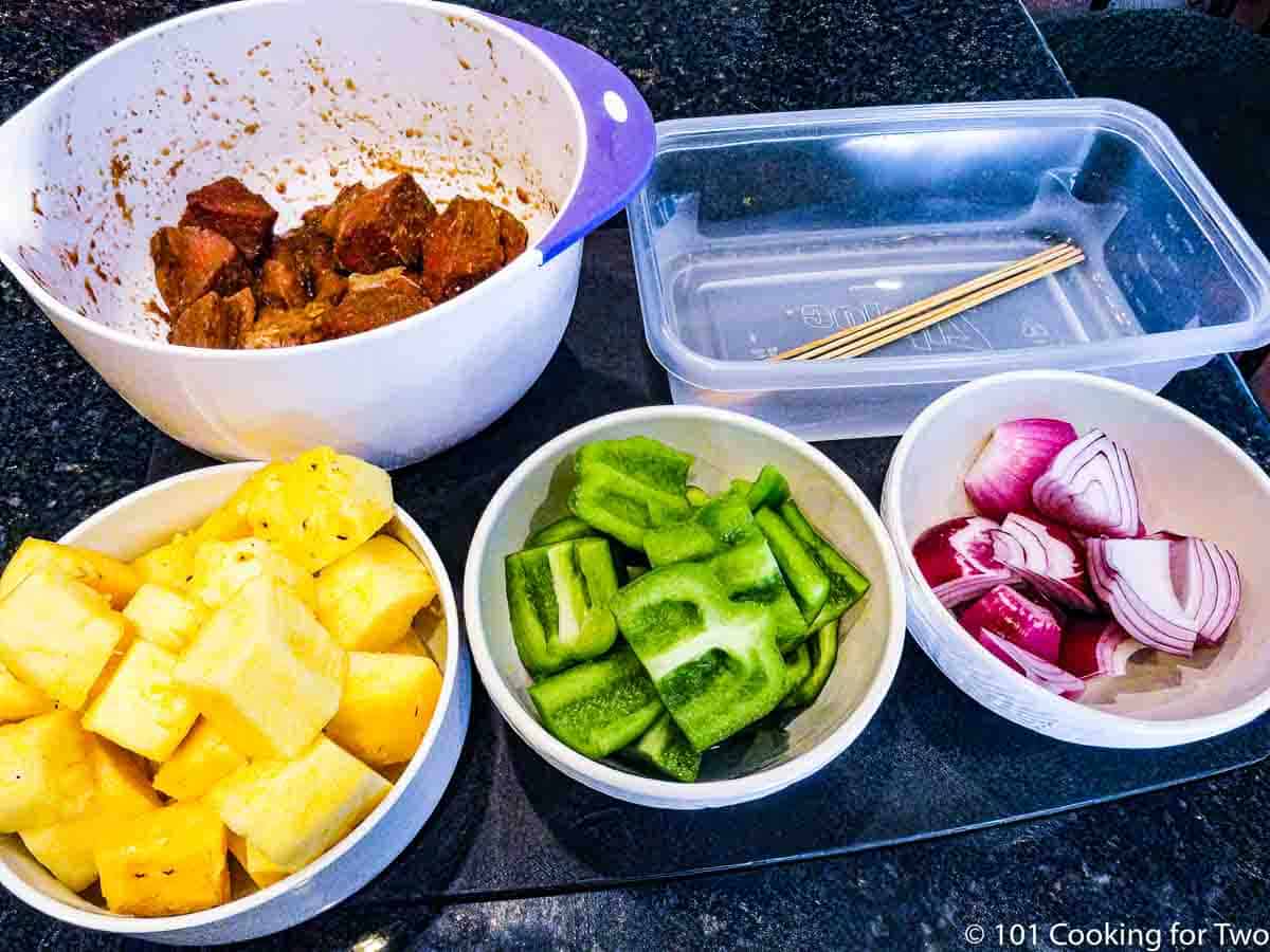 tray of kabob ingedients for assembly.