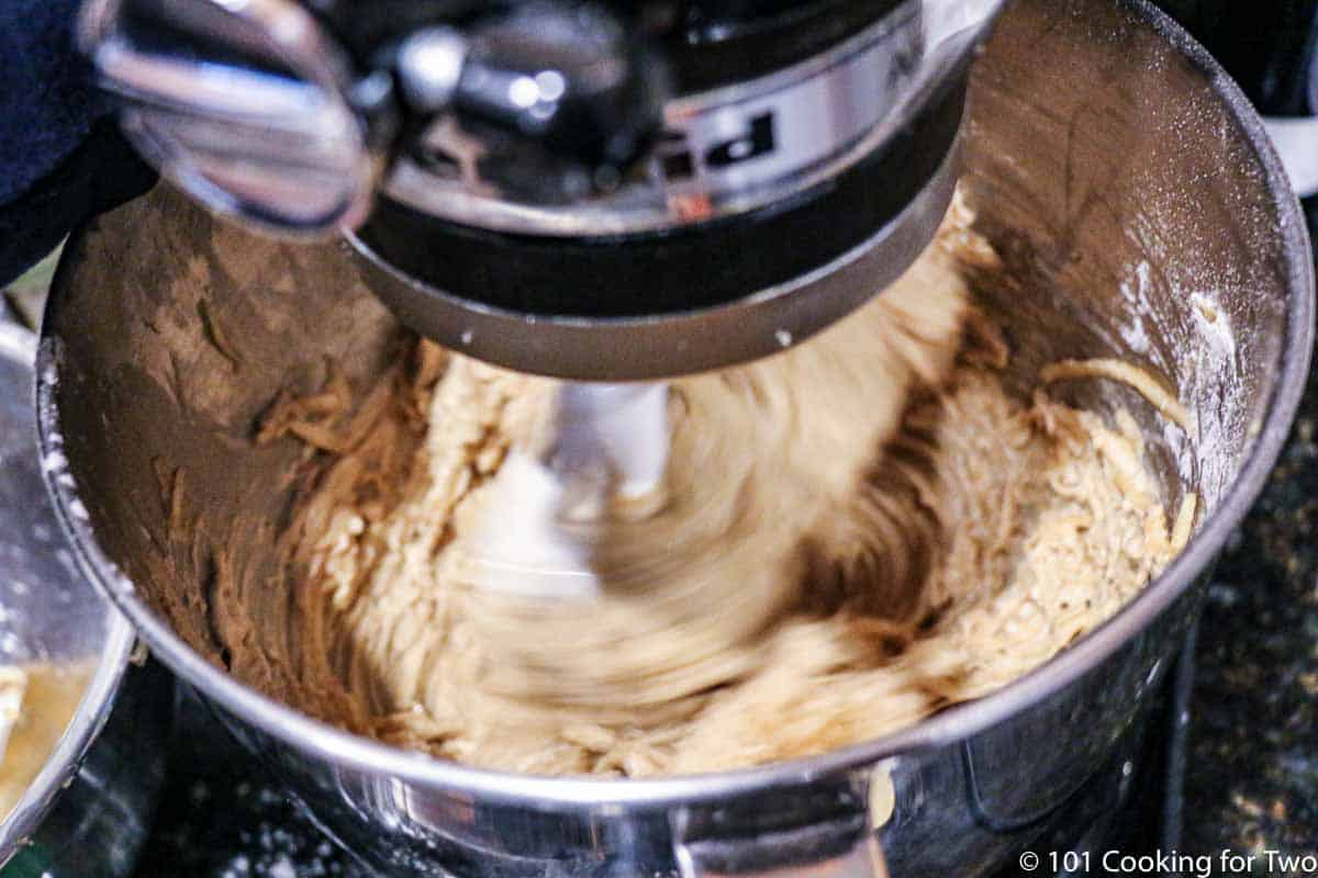 mixing batter with a mixer.