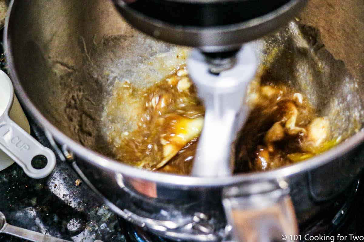 mixing wet ingredients in a stand mixer.