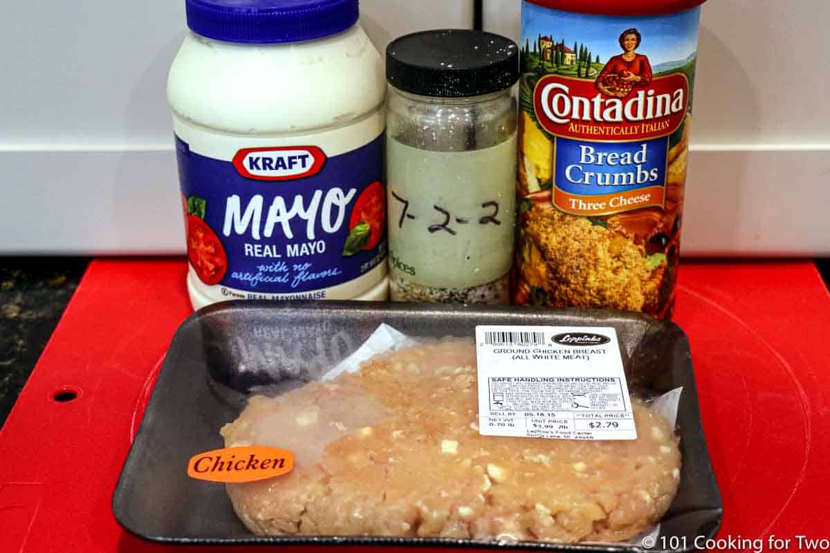 ground chicken with mayo and breadcrumbs.