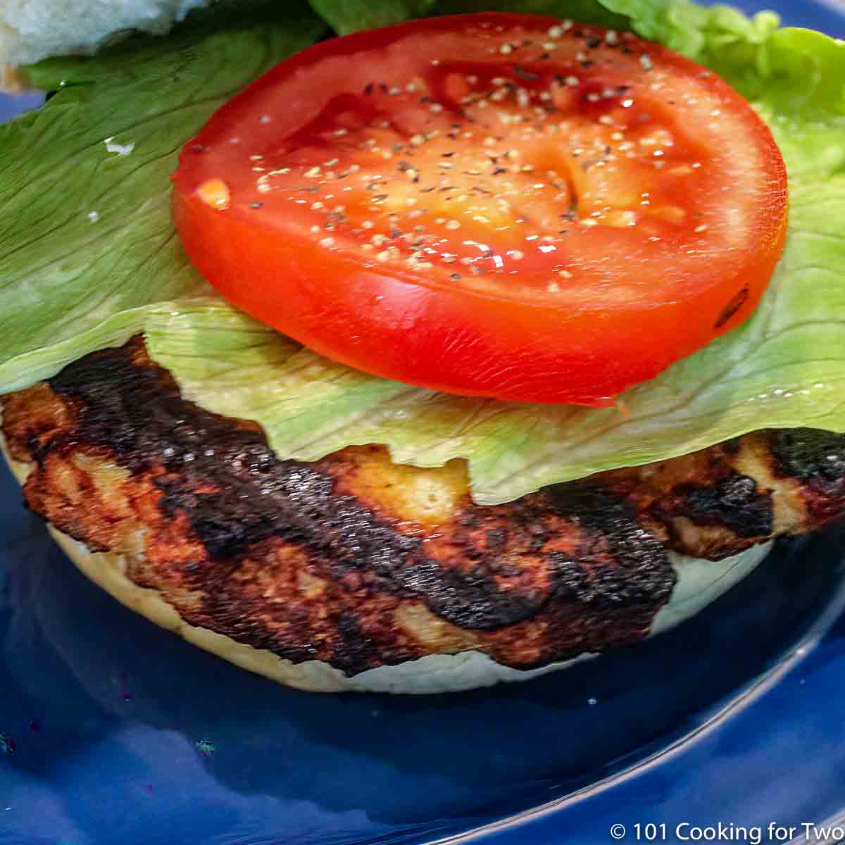 open face ground chicken burger on a blue plate.