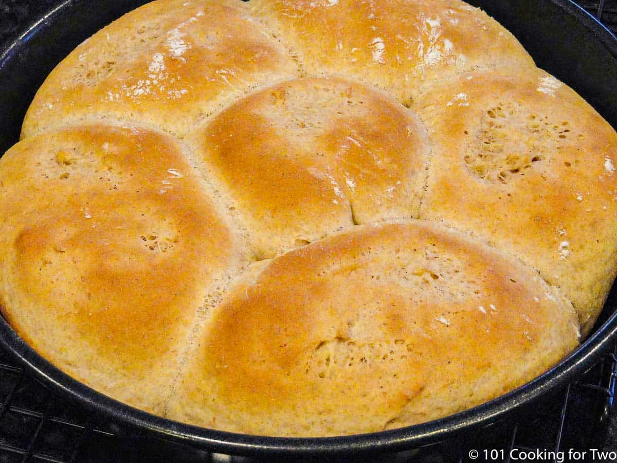 baked wheat rolls in a pan.