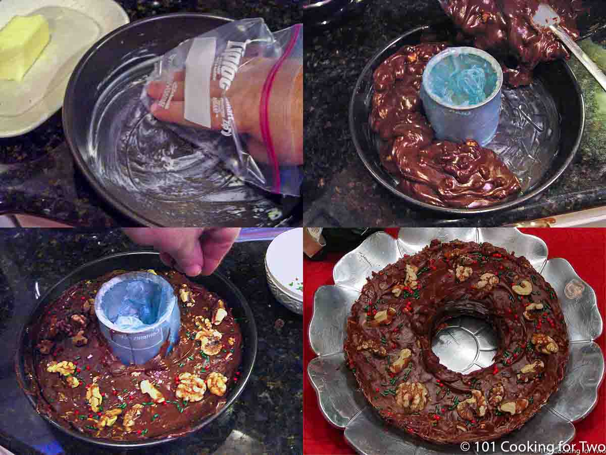 four images of assembling a fudge wreath.