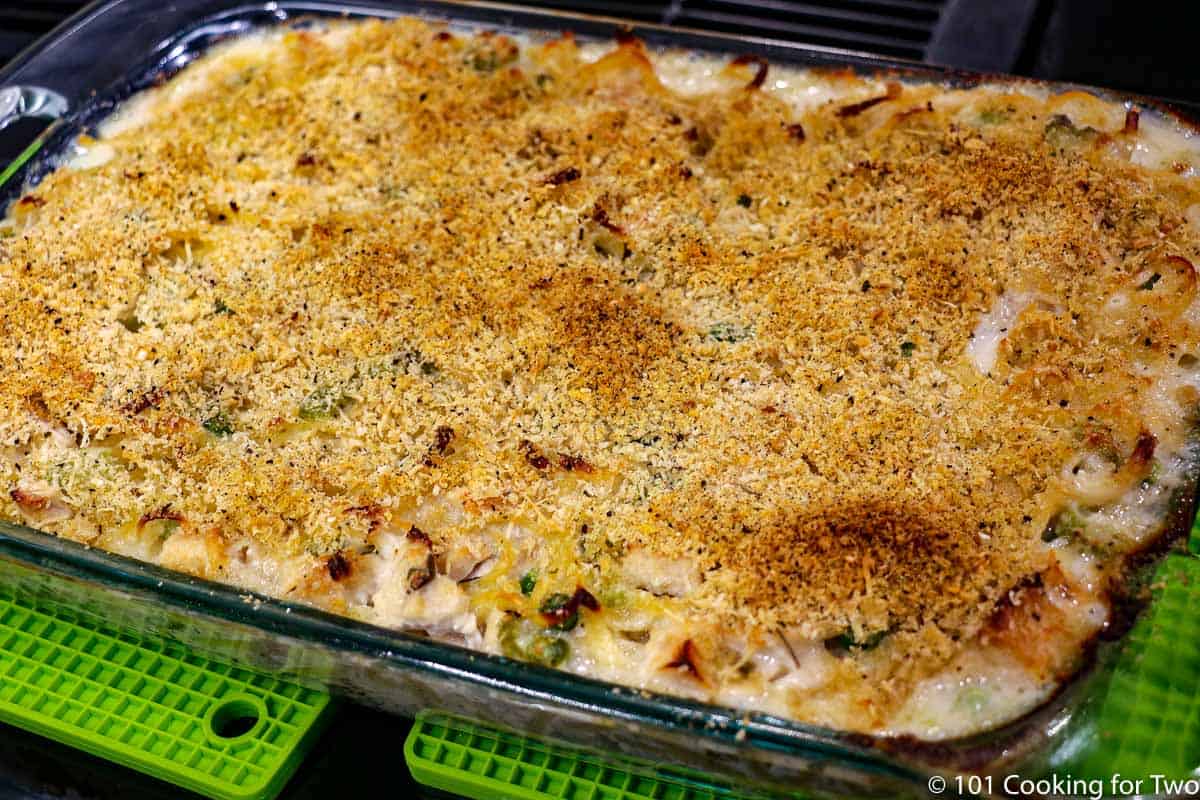 turkey tetrazzini casserole with a brown top.