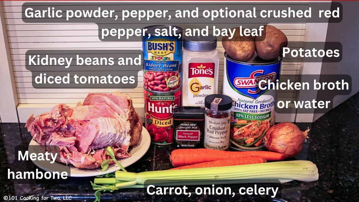Hambone with vegetables and soup ingredients—labeled.