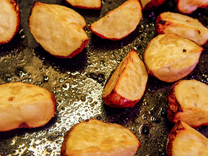 roasted baby potatoes on a sheet pan