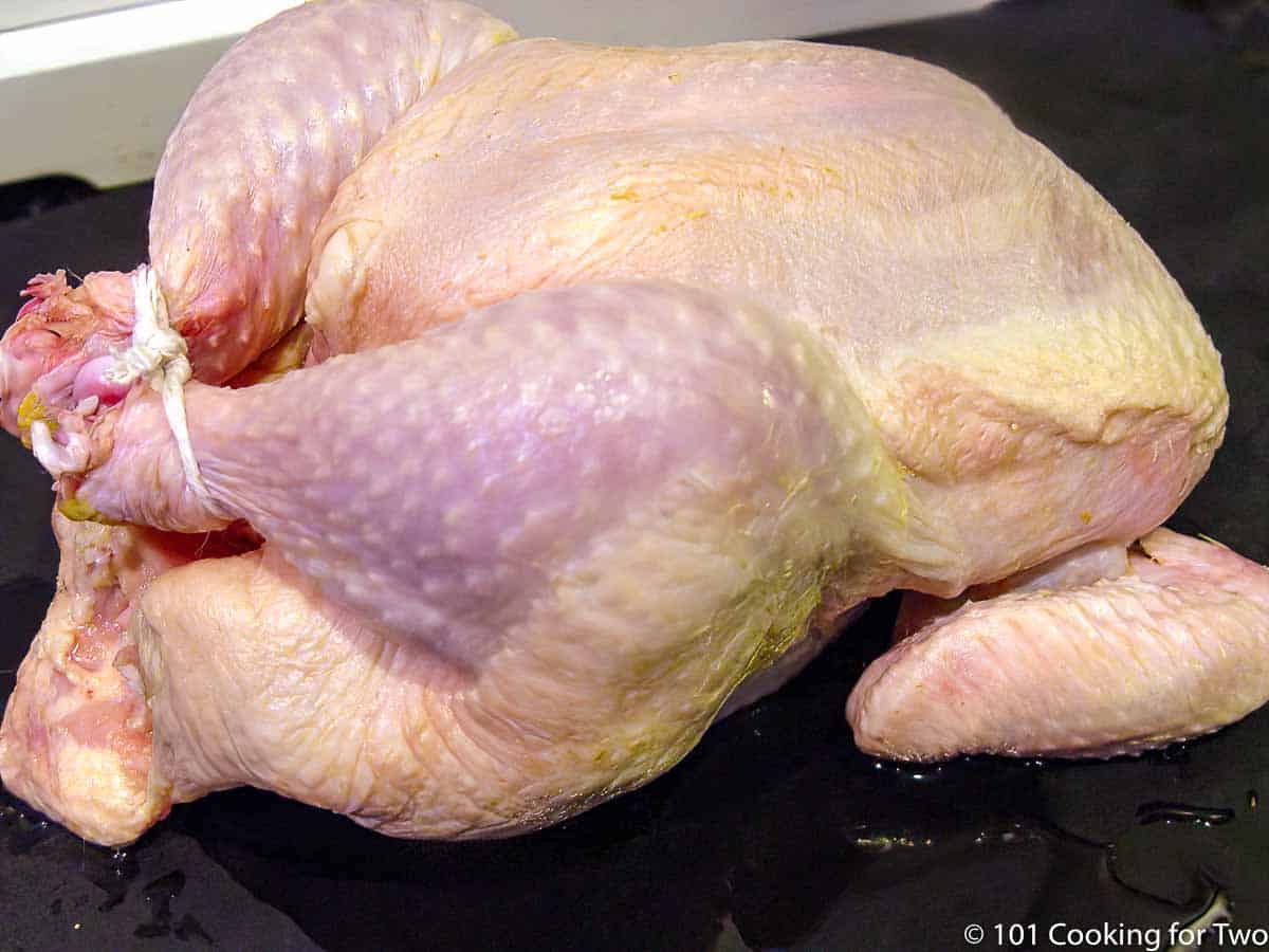 whole chicken prepared for cooking with tied legs