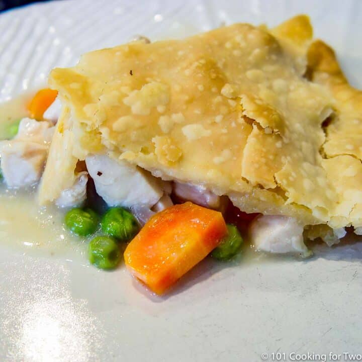 chicken pot pie on white plate