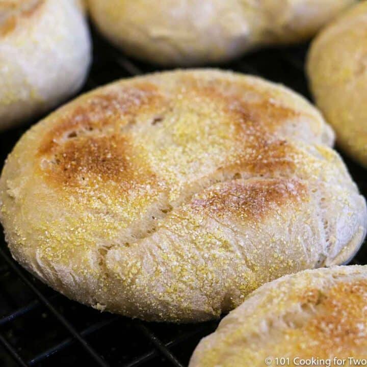 close up of baked English muffin.