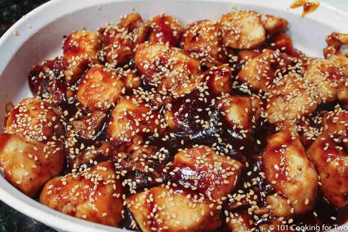 General Tso chicken topped with sesame seeds