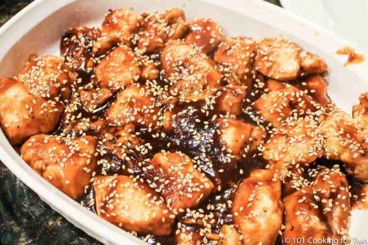 General Tso chicken topped with sesame seeds