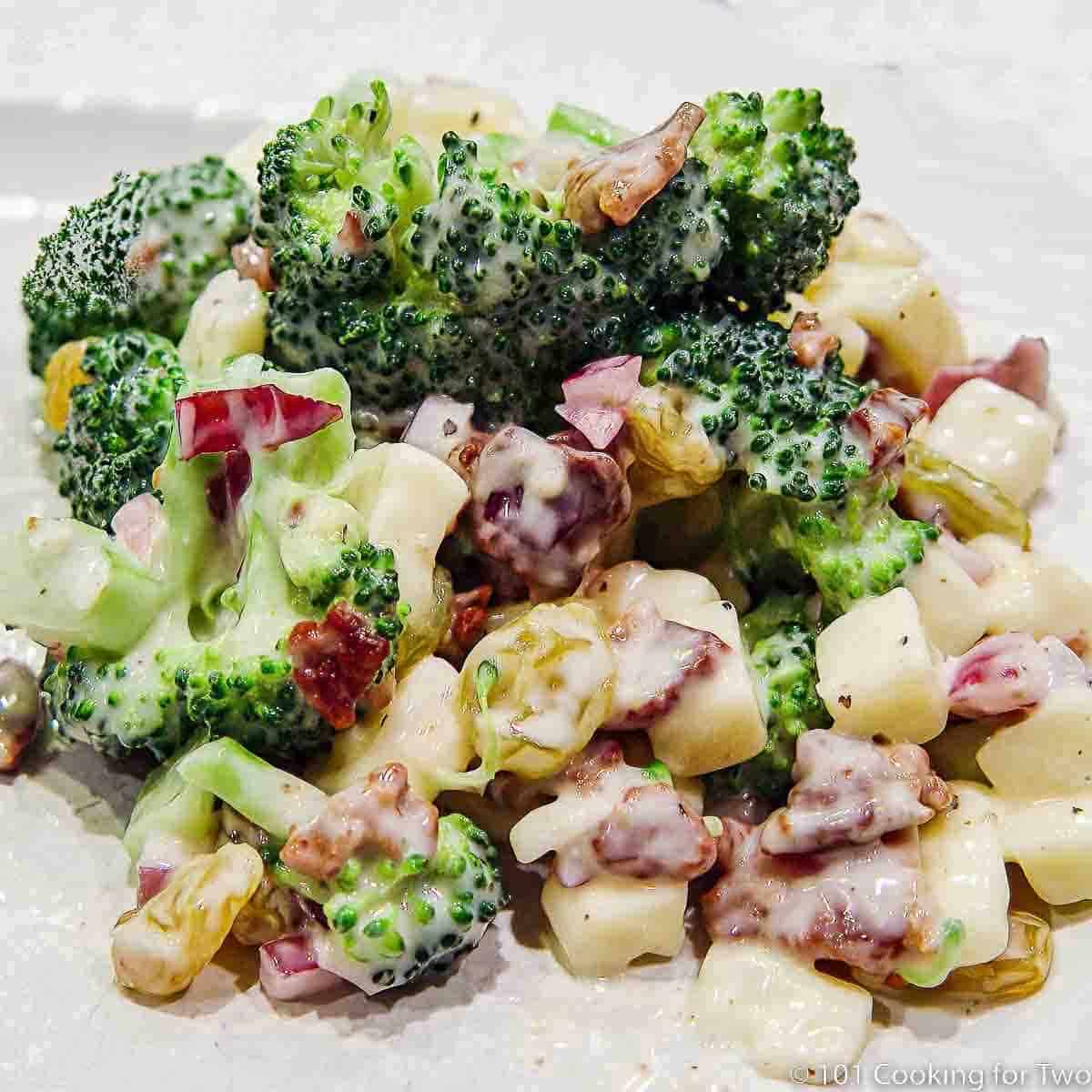 broccoli salad on a white plate-2