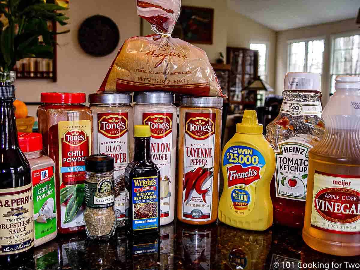 Ingredients for BBQ sauce including ketchup and spices.