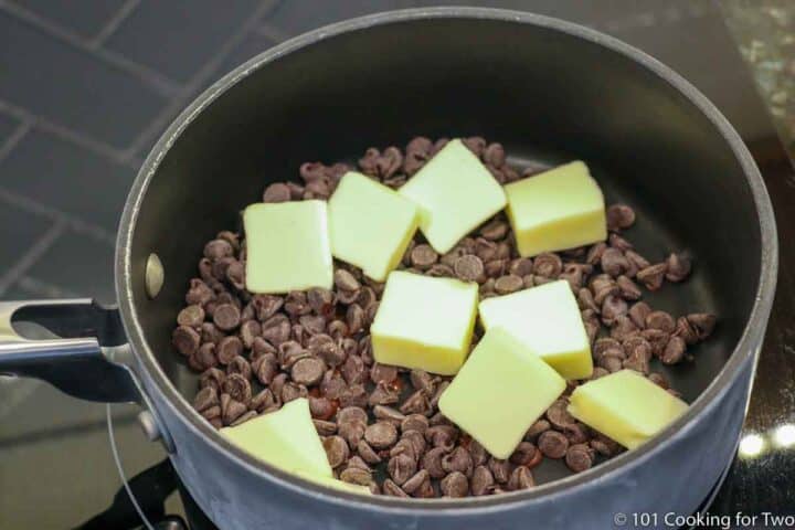 chocolate chips and butter in a sauce pan