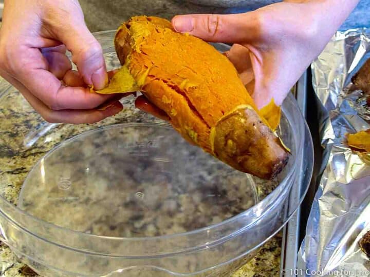 peeling cooked sweet potato