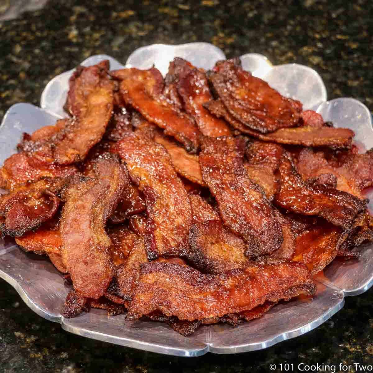 candied bacon on a tray.