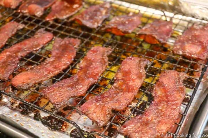 cooked candied bacon still on the rack