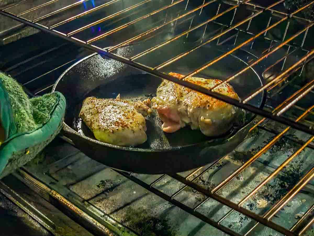 moving seared chicken to the oven