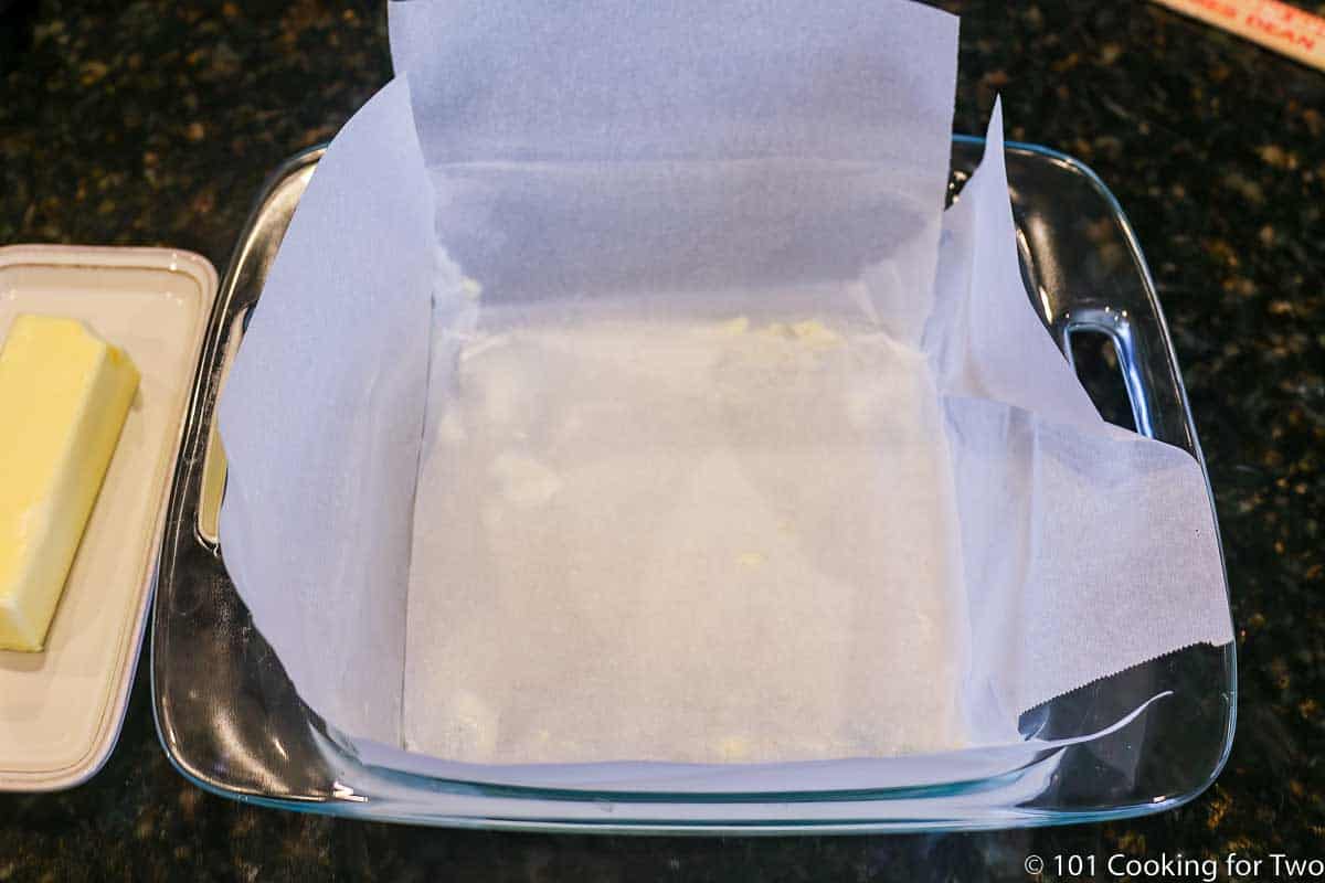 parchment paper in a baking dish.