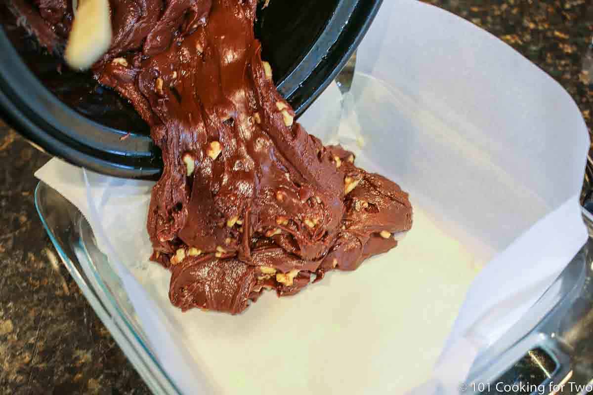 pouring fudge into pan to cool