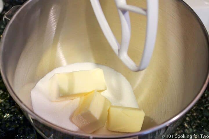 butter and sugar in stand mixer bowl