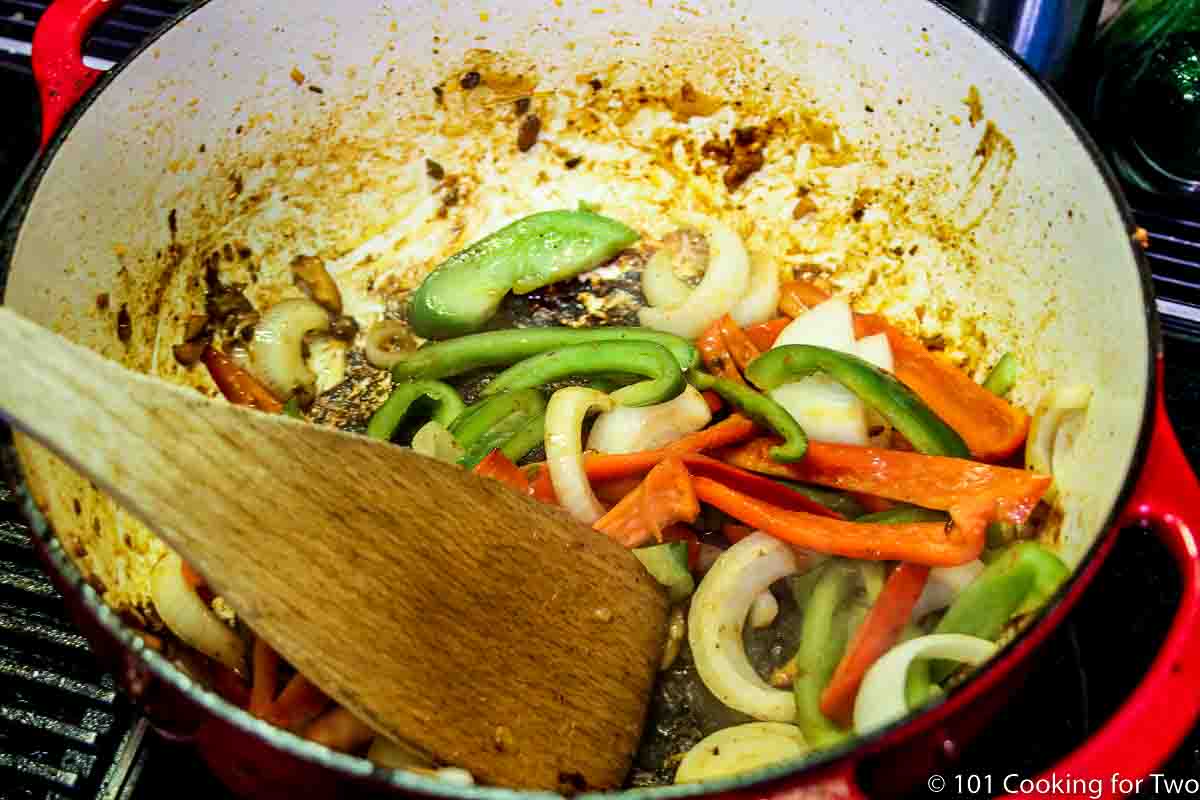 cooking vegetables in a dirty pot.