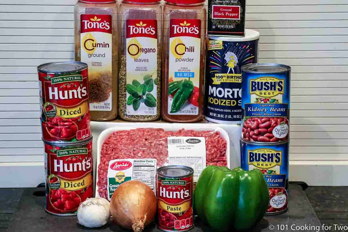 ground beef and Ingredient for crock pot chili.