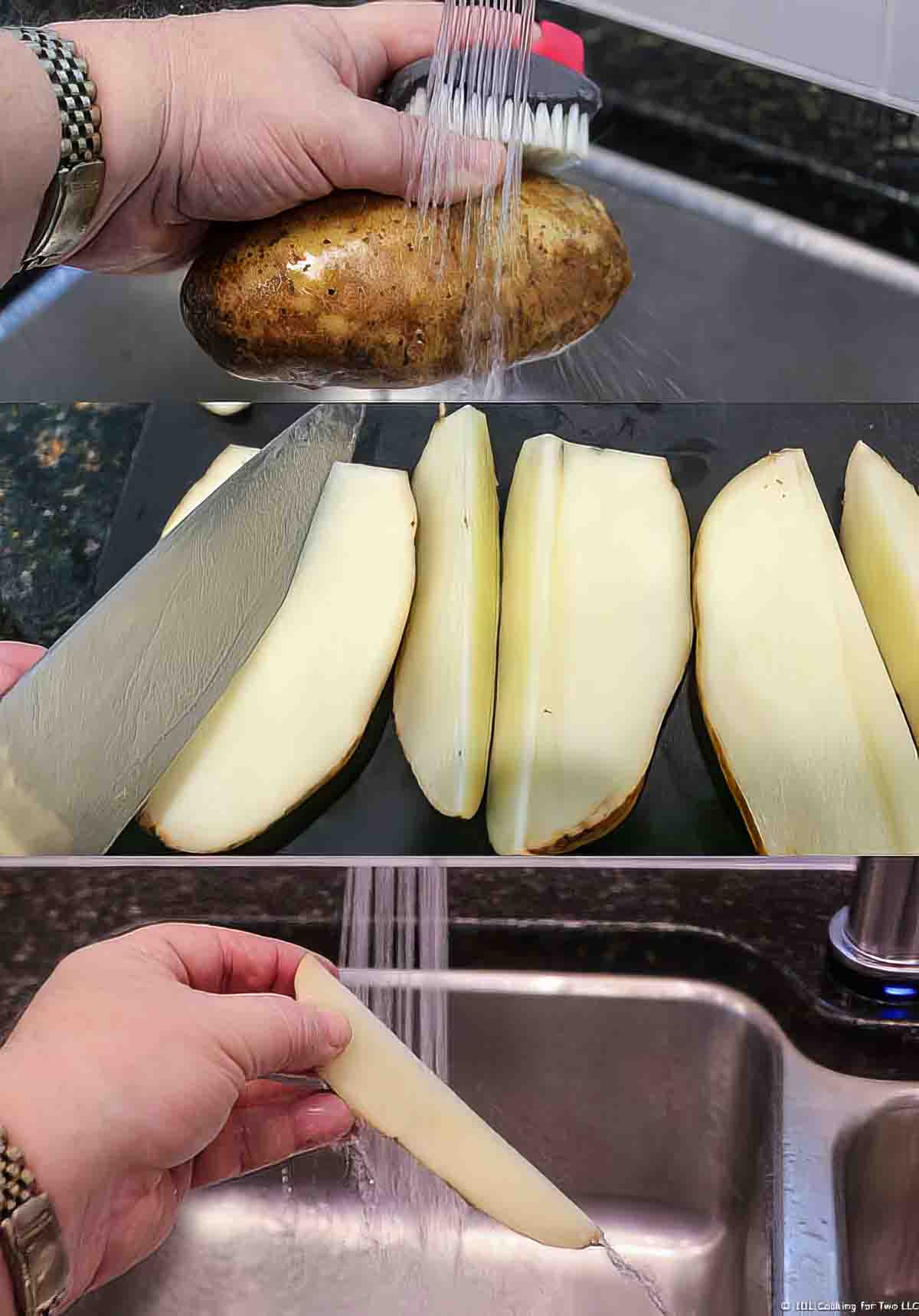 cutting and rinsing potato wedges.