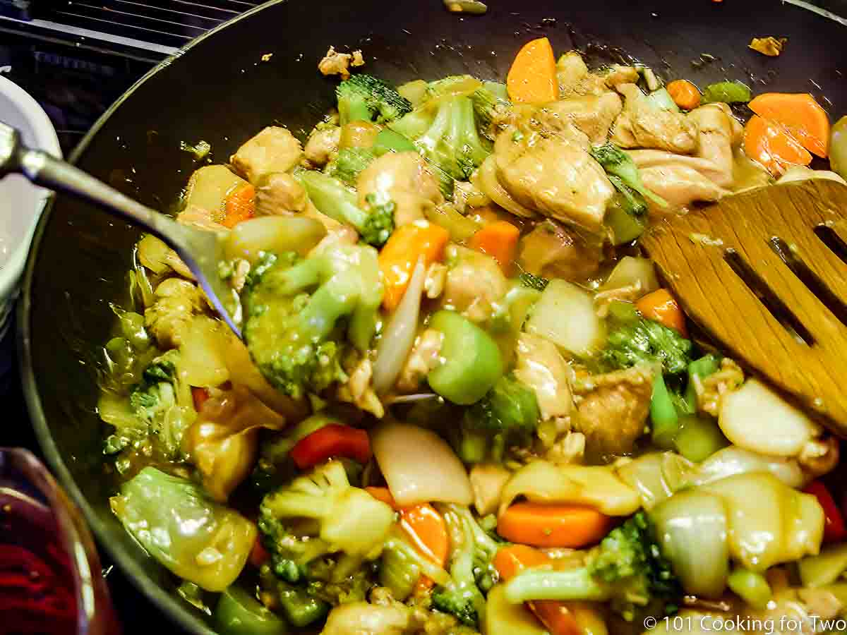 stir fry ready to serve on a spoon.