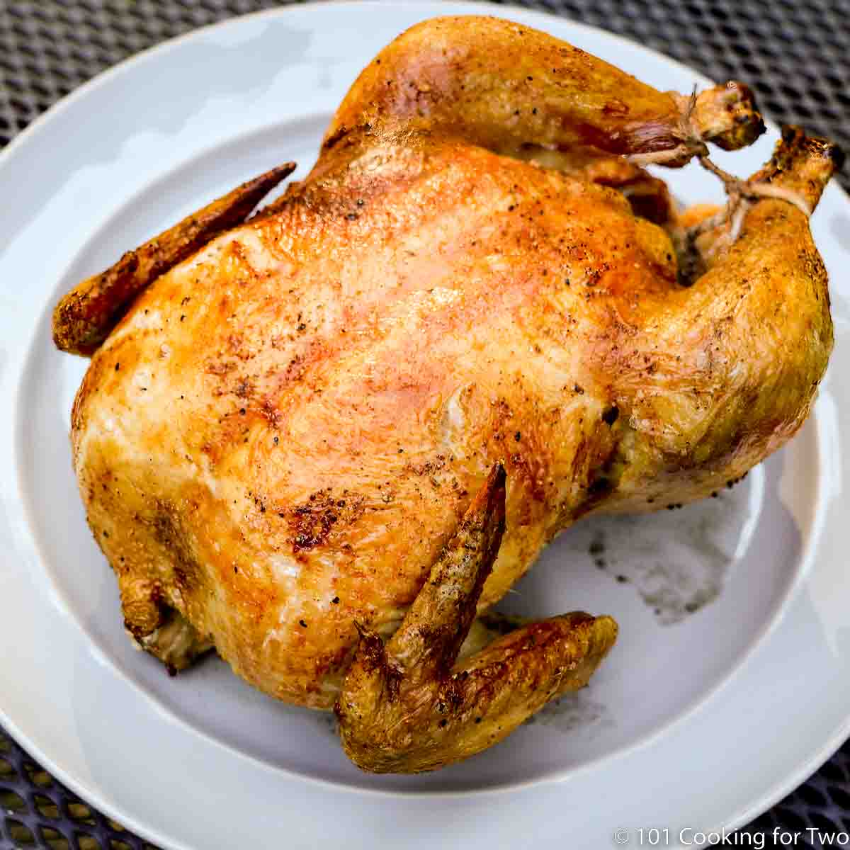 Grilled whole chicken on a gray plate.