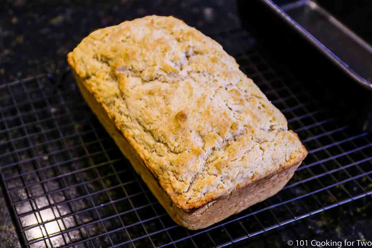 beer bread on a cooking rack.