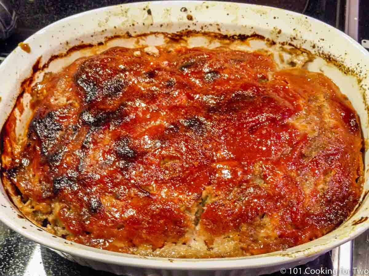 cooked meatloaf baking dish